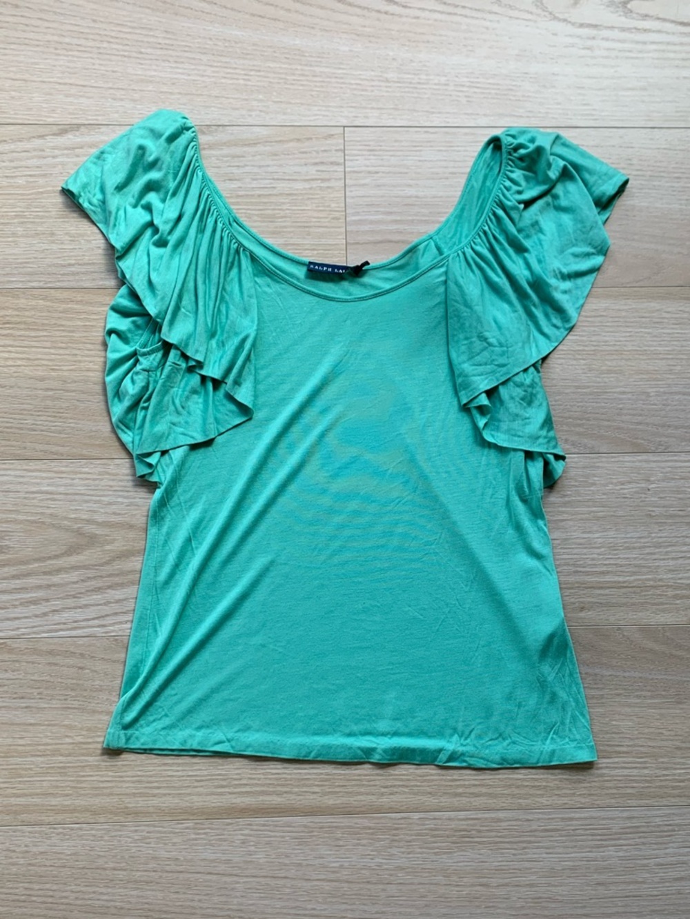 Ralph Lauren Blue Label Ruffle Short Sleeve Blouse Seafoam Green NWOT Size M
